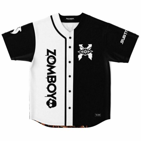 Zomboy black white split baseball jersey front with X skull-eye logo flat lay