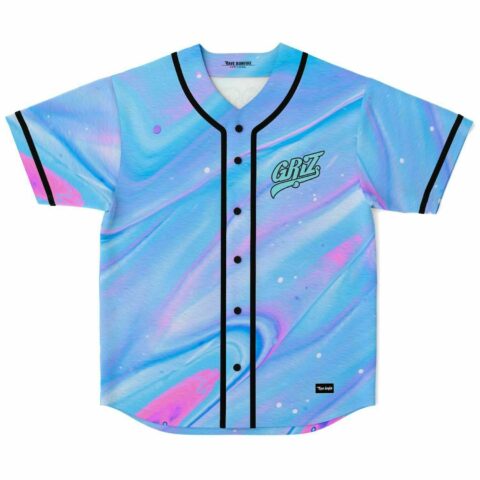 Front view of light blue holographic liquid swirl jersey with visible GRiZ chest logo