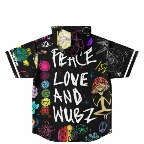 Hand-drawn psychedelic doodle jersey featuring “PEACE LOVE AND WUBZ” back print, flat on white