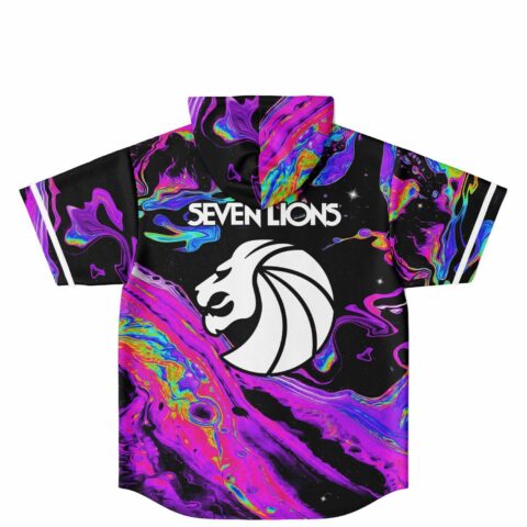 Back view of hooded jersey with oil-slick swirl print, white lion crest, Seven Lions text