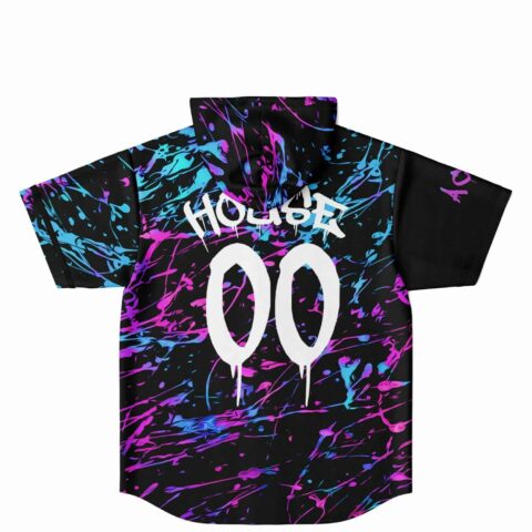 Back view of drip-style HOUSE 00 lettering over blue and pink paint splatter print