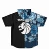 Back view of black and blue rose print jersey with lion emblem below text