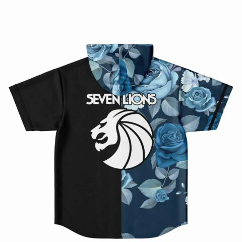 Back view of black and blue rose print jersey with lion emblem below text