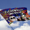 Elementally Unstable rave flag waving against blue sky with cartoon characters