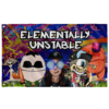 Colorful rave flag with cartoon characters and Elementally Unstable text