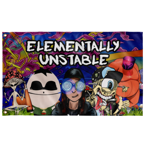Colorful rave flag with cartoon characters and Elementally Unstable text