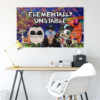 Elementally Unstable rave flag with vibrant design displayed indoors