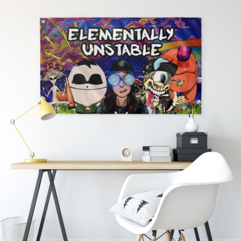 Elementally Unstable rave flag with vibrant design displayed indoors