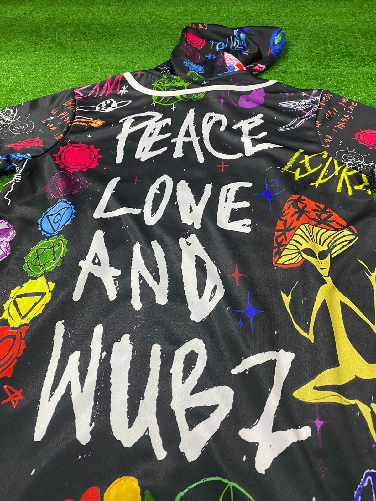 peace love and wubz hooded baseball jersey