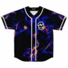 Black baseball jersey, front view, blue-orange flame smoke print, white button placket