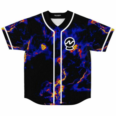 Black baseball jersey, front view, blue-orange flame smoke print, white button placket