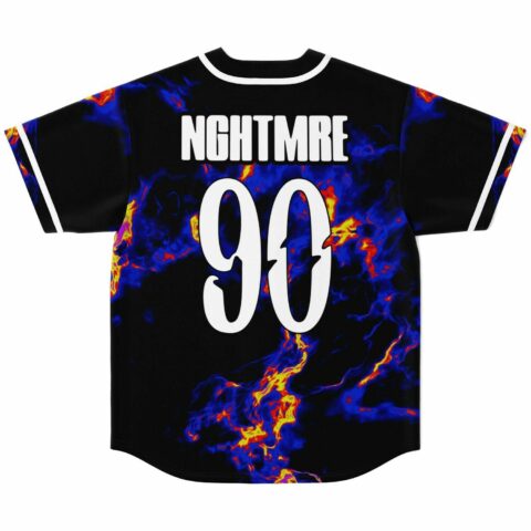 Back view of jersey printed NGHTMRE 90 over blue and orange flame smoke design