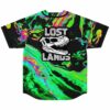Green psychedelic liquid pattern jersey back view with bold Lost Lands skull logo