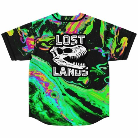Green psychedelic liquid pattern jersey back view with bold Lost Lands skull logo