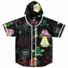 Hooded jersey with hand-drawn psychedelic doodles and “FOLLOW THE VIBE” text, front view on white