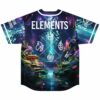 Back view of enchanted forest jersey featuring Elements text and fire earth air water symbols