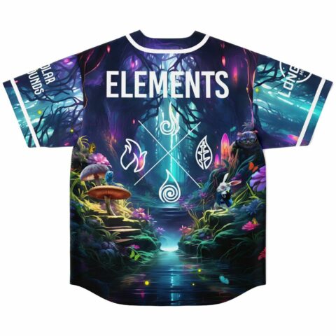 Back view of enchanted forest jersey featuring Elements text and fire earth air water symbols