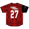 Back view of red black tribal print rave jersey showing number 27 and HASH BBC