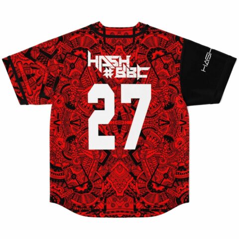 Back view of red black tribal print rave jersey showing number 27 and HASH BBC