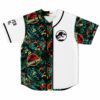 front view of dinosaur park logo baseball jersey with tropical jungle leaf print half