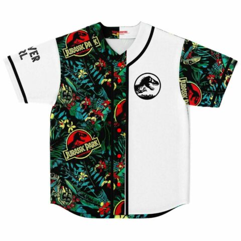front view of dinosaur park logo baseball jersey with tropical jungle leaf print half
