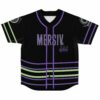 Black rave baseball jersey with purple and green pinstripe stripes reading Mersiv 444 front view