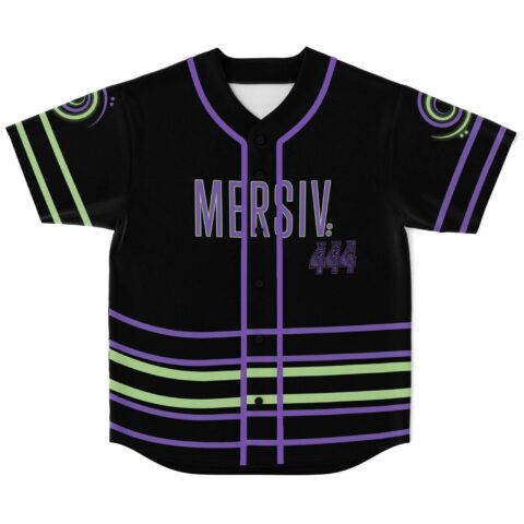 Black rave baseball jersey with purple and green pinstripe stripes reading Mersiv 444 front view