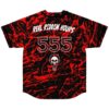 Red paint splatter rave jersey back, Real Riddim Hours 555 text, skull bulb graphic