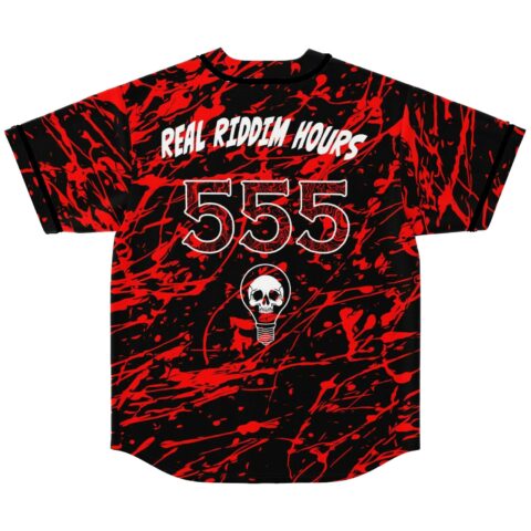 Red paint splatter rave jersey back, Real Riddim Hours 555 text, skull bulb graphic
