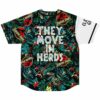 back view of tropical jungle print jersey reading they move in herds in bold white