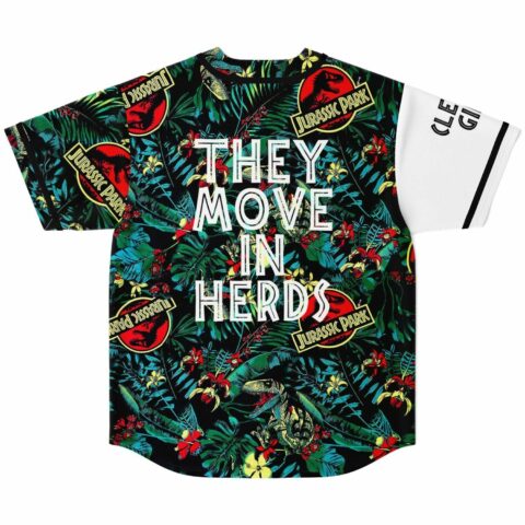 back view of tropical jungle print jersey reading they move in herds in bold white