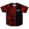 Black baseball jersey with red paint splatter print and Flipswitch skull bulb logo front view