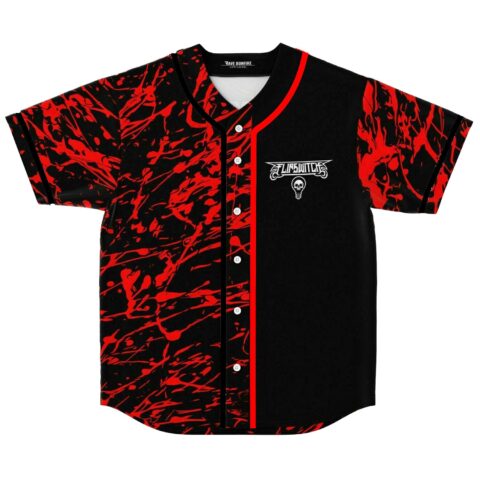 Black baseball jersey with red paint splatter print and Flipswitch skull bulb logo front view