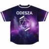 Purple galaxy jersey back with bold ODESZA text above white geometric icosahedron design