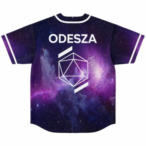 Purple galaxy jersey back with bold ODESZA text above white geometric icosahedron design