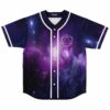 Purple cosmic galaxy rave baseball jersey with white geometric icosahedron on chest, front view