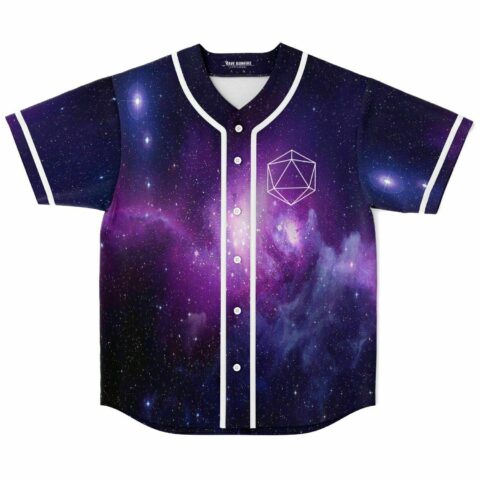 Purple cosmic galaxy rave baseball jersey with white geometric icosahedron on chest, front view