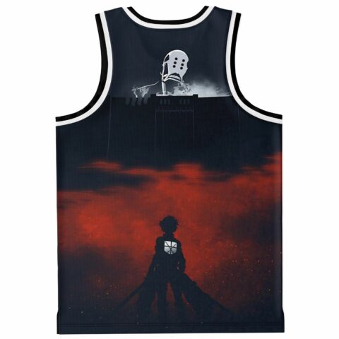 Black rave basketball jersey back with titan silhouette over red smoky cityscape graphic