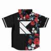 Back view of black hooded baseball jersey with red rose and white floral half-print