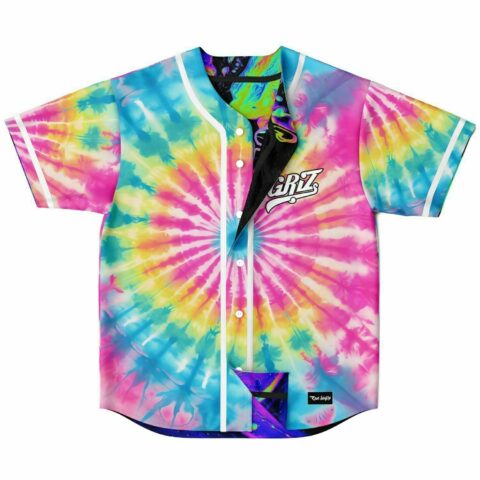 Reversible tie-dye baseball jersey with rainbow spiral pattern and GRiZ logo front view
