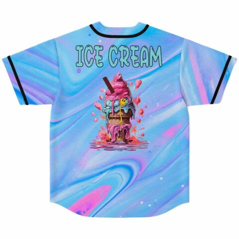 Back view featuring ICE CREAM text and melting sundae graphic over holographic liquid swirls