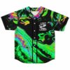 Neon oil slick baseball jersey with Lost Lands dinosaur skull graphic, front view laid flat