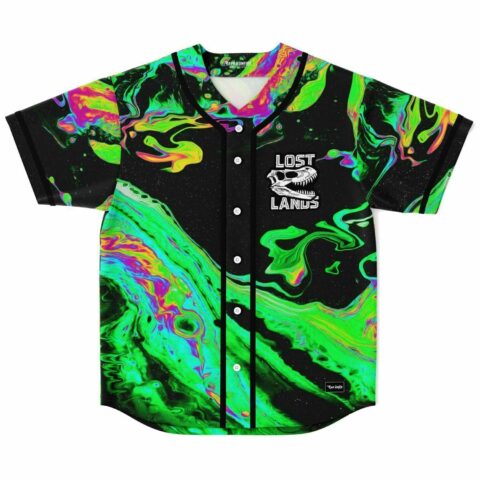 Neon oil slick baseball jersey with Lost Lands dinosaur skull graphic, front view laid flat