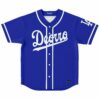 Royal blue baseball jersey with white script Deorro chest print front view