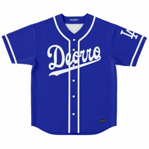 Royal blue baseball jersey with white script Deorro chest print front view