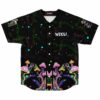 Psychedelic mushroom galaxy baseball jersey with WOOLI text laid flat front view