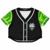 Black rave cropped baseball jersey with green swirl and character graphic