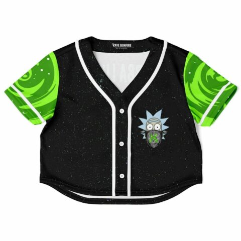 Cropped black rave jersey with green swirl and character graphic