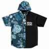 Blue rose floral hooded baseball jersey with black split front and lion logo design