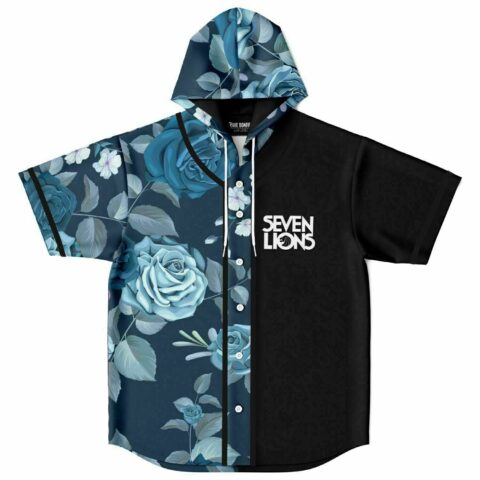 Blue rose floral hooded baseball jersey with black split front and lion logo design